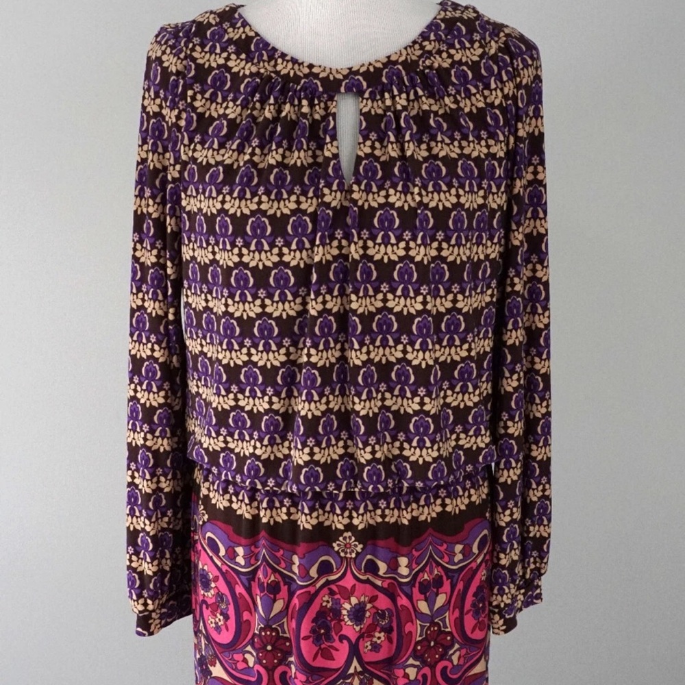 London Times Purple Pink Floral Long Sleeve Keyhole Elastic Stretch Dress Size16